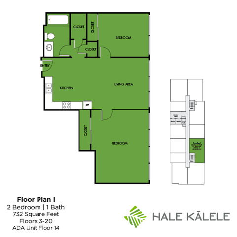 Floor plan for 2 beds, 1 bath, 739 sqft